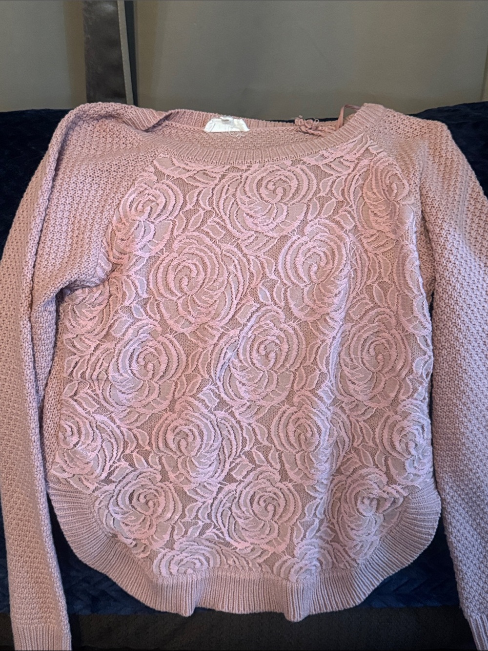Cloud Chaser Lace-Front Crewneck Sweater in Dusty Rose pink roses